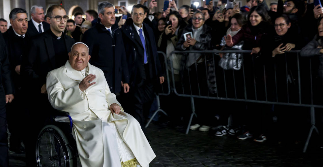 VATICAN CITY, VATICAN - DECEMBER 31: Pope Francis visits the Nativity in St. Peter's Square at The Vatican on December 31, 2024 in Vatican City, Vatican. Pope Francis marked the end of 2024 with the Te Deum hymn of thanksgiving at the conclusion of First Vespers for the Solemnity of Mary the Mother of God. (Photo by Alessandra Benedetti - Corbis/Corbis via Getty Images)