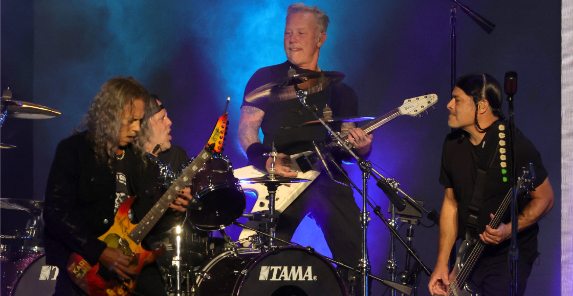 LAS VEGAS, NEVADA - FEBRUARY 25:  (L-R) Guitarist Kirk Hammett, drummer Lars Ulrich, frontman James Hetfield and bassist Robert Trujillo of Metallica perform at Allegiant Stadium on February 25, 2022 in Las Vegas, Nevada.  (Photo by Ethan Miller/Getty Images)